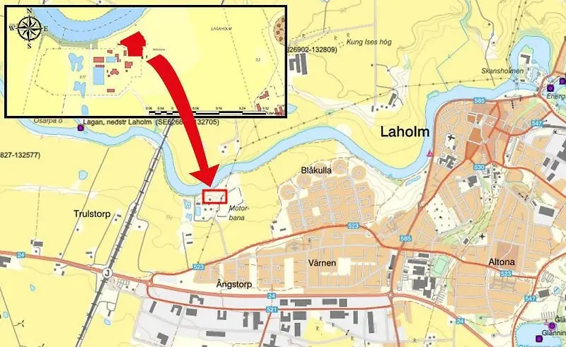 Karta över Laholm, med Ängstorp där tomten med rökövningsbyggnaden ligger.