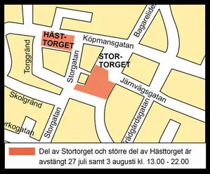 Karta över centrala Laholm som visar de delar som stängs av
